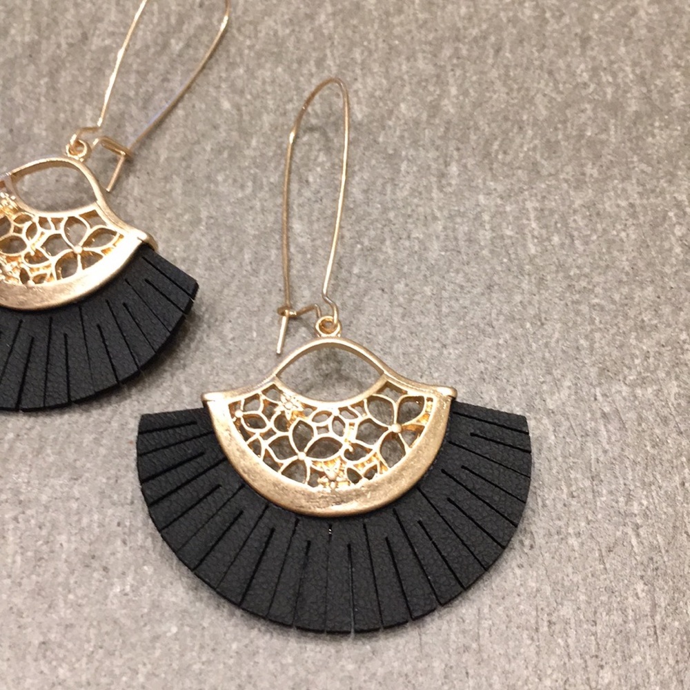 *Last Pair* Matte Gold & Leather Fringe Earrings - Picture 2 of 2